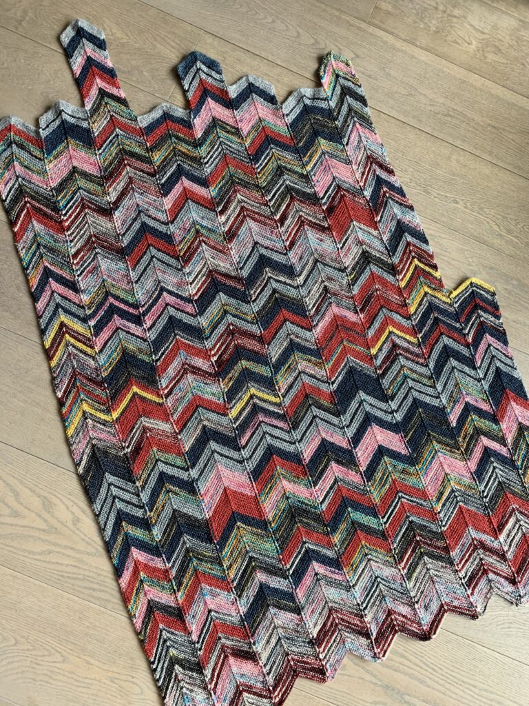 A colorful knitted blanket seen from above. The colors are inspired by the 2020 Formula 1 season.