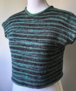 Borg Cub tee in green and dark grey stripes from Flax Field Designs made with BFL yarn from The Fox and The Knight