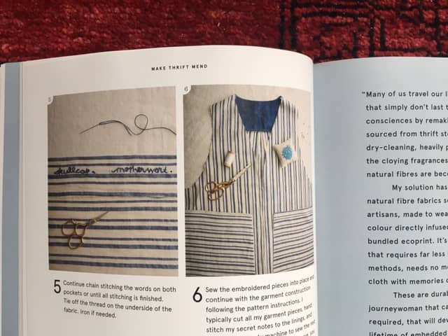 Inside Plant dye and mending book reveiw of Make Thrift Mend: a picture of the poem being embroidered on a jacket