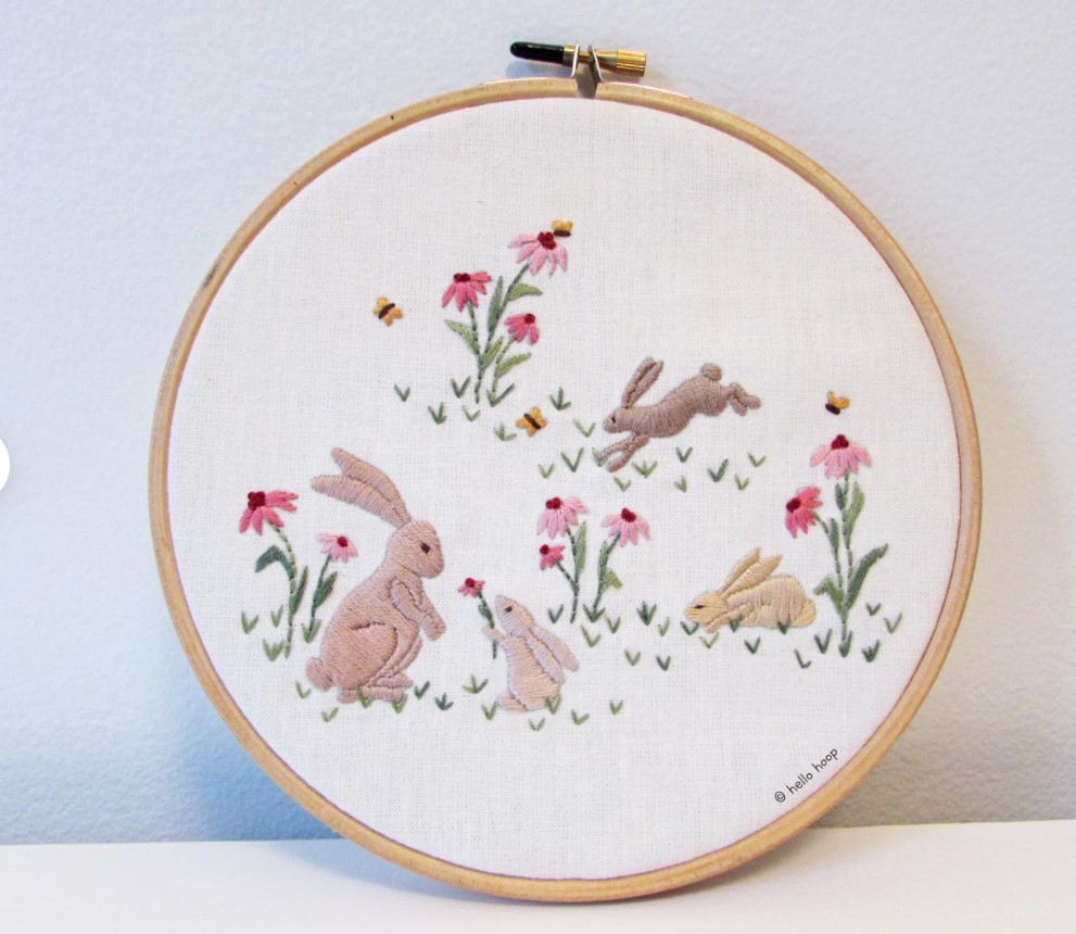 Embroidery nature inspired pattern for spring featuring bunnies from hello hoop