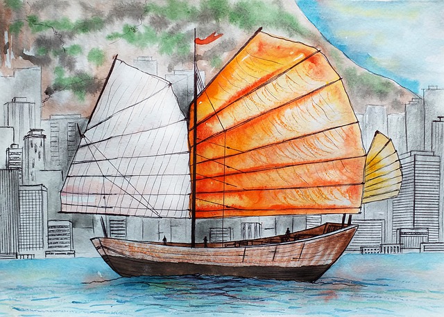Watercolor of Chinese Junk Ships