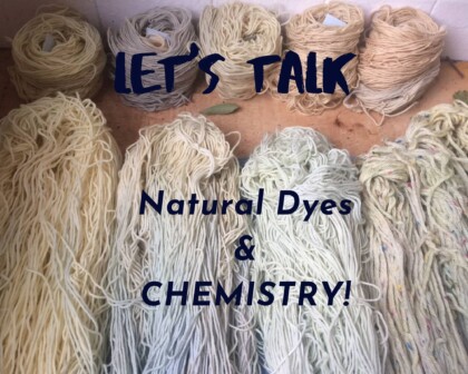 Nine skeins of yarn dyed in pastel colors to illustrate the chemistry of natural dyes