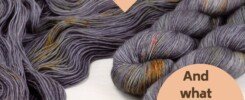 Three skeins of BFL Yarn (dark grey with orange speckles) with the title "What is Blue Faced Leicester Yarn and what to knit with it?"
